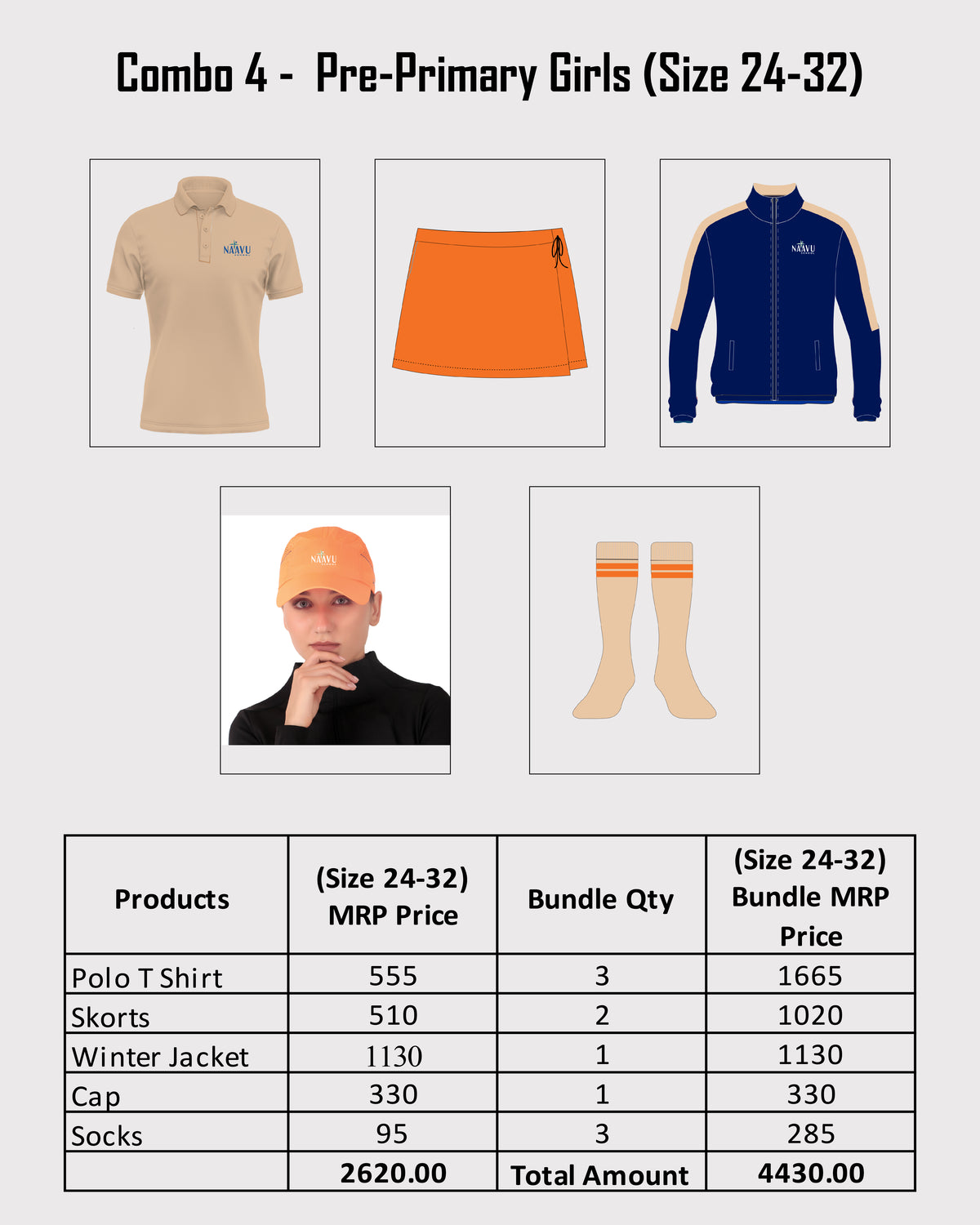 Combo 4 - Pre-Primary Girls (Size 24-32)- Naavu School